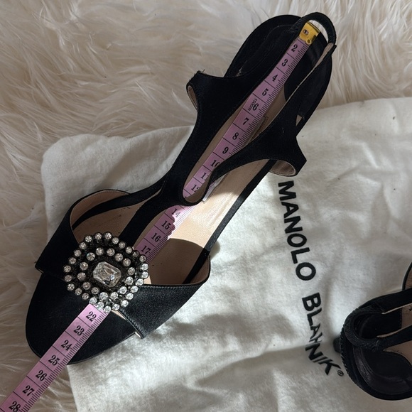 Manolo Blahnik Black Satin and Crystal Embellished Heels T-strap slingback pumps - Picture 11 of 15
